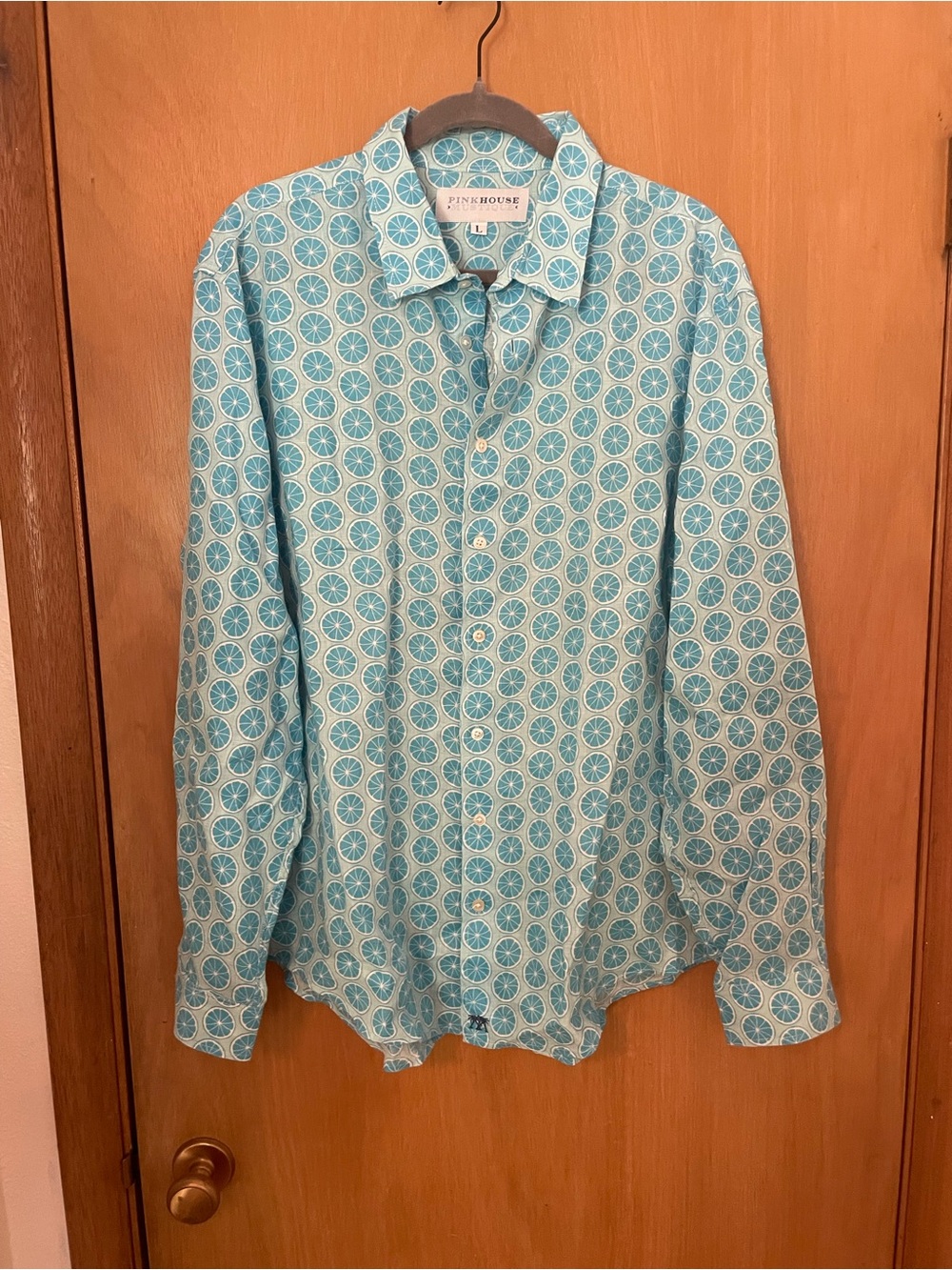 Pink House Mustique Linen Blue Orange Mens Shirt Size L EUC